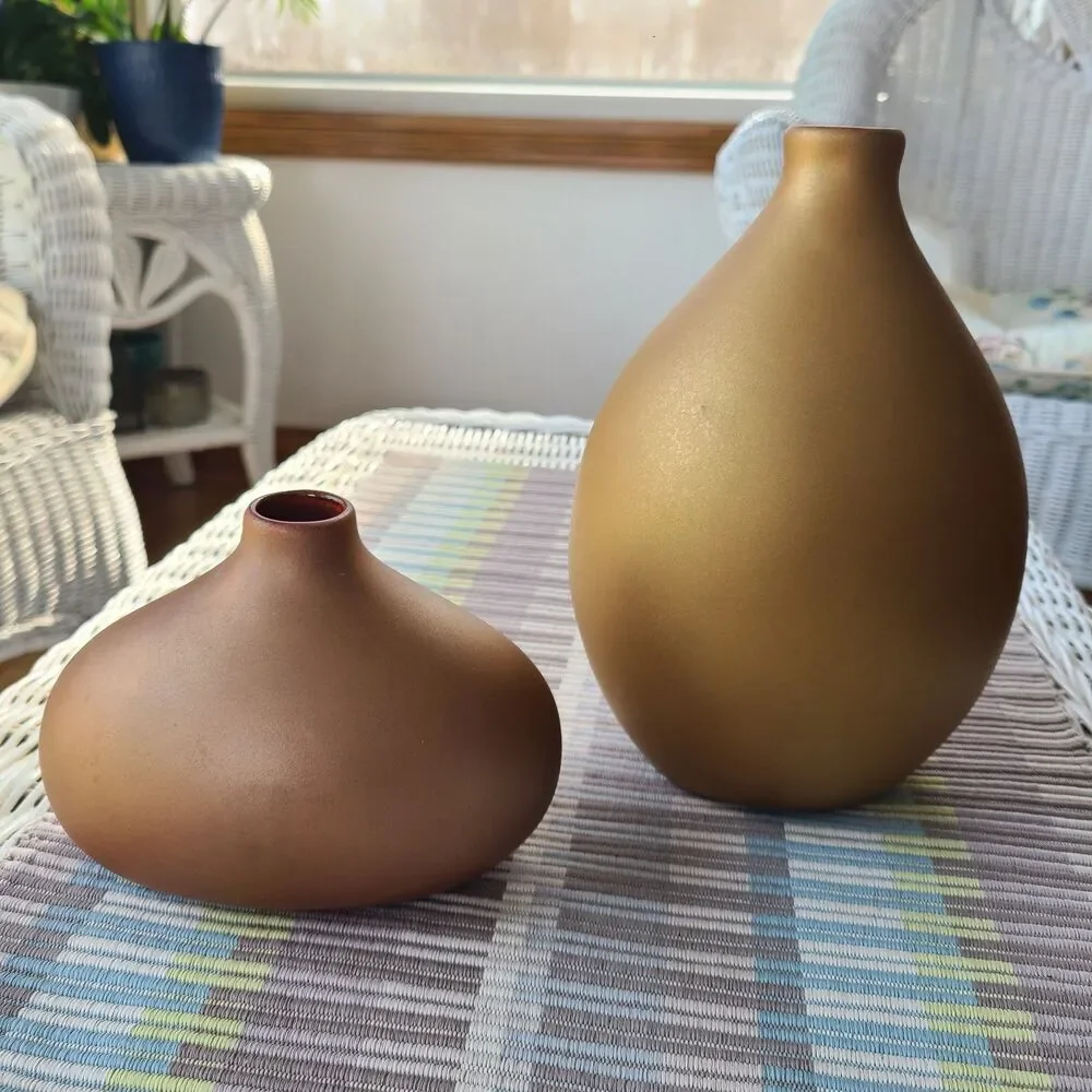 Vintage Matte Bronze On Bronze Slip Cast Pottery Vases With Rose & Leaves Design